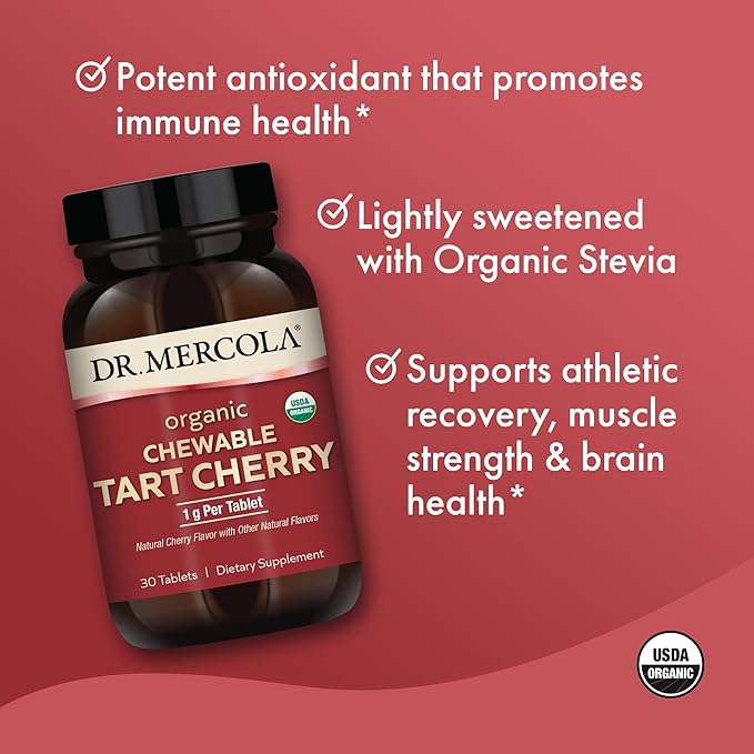 Dr. Mercola Organic Chewable Tart Cherry, 30 Servings (30 Capsules), Non-GMO, Gluten Free, Soy Free