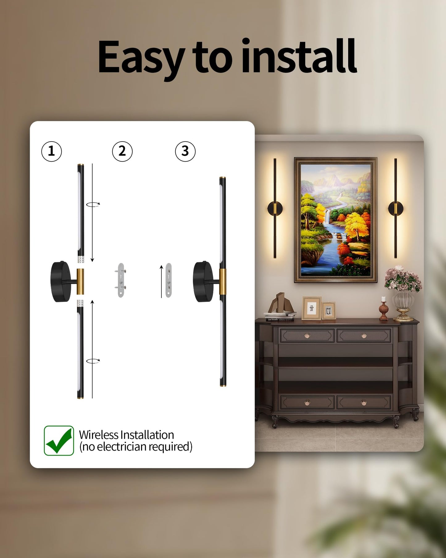 Lumiquesce 24 Inch Battery Operated Wall Sconce Set of 2, Dimmable LED, Black Gold, 8000 mAh Rechargeable, Model 7105