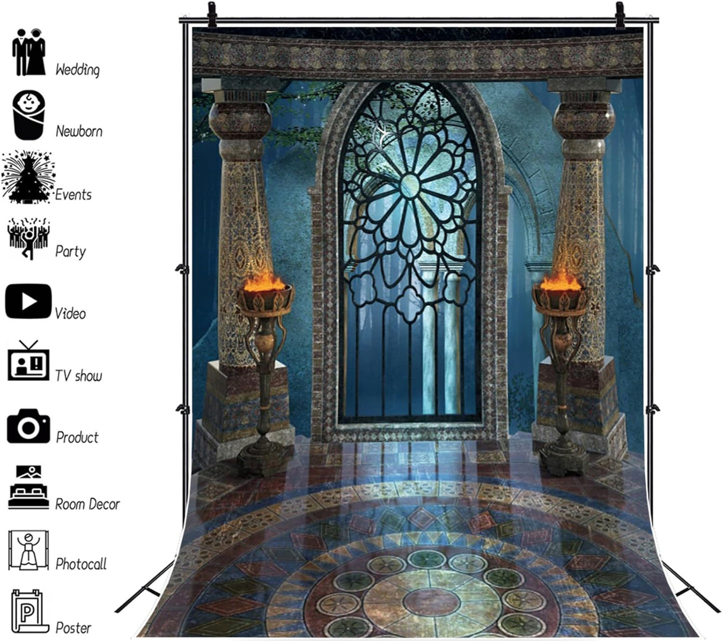 Renaiss 8x12ft Medieval Castle Backdrop for Photoshoot Portrait Pillar Torch Gothic Stone Tower Ancient Old Fortress Interior Photography Background Halloween Party Decor Wallpaper Photo Studio Props