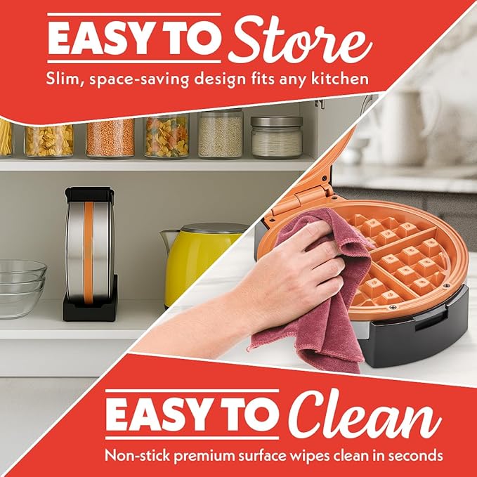 Gourmia Belgian Waffle Maker – Adjustable Browning Control, Nonstick Plates, Ready & Power Indicator Lights, Compact Upright Storage, Cool-Touch Handle