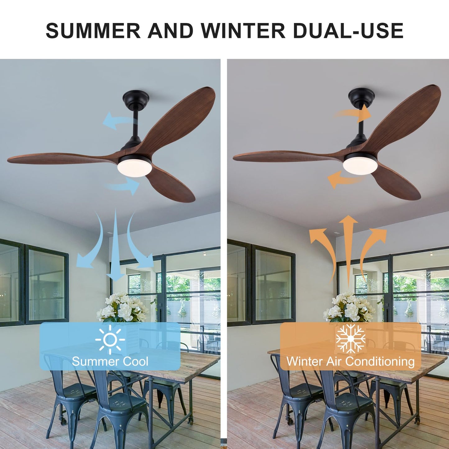BOJUE 52 Inch Ceiling Fan with Light, Dimmable LED, Walnut Wood cutting edges, Indoor Outdoor Use