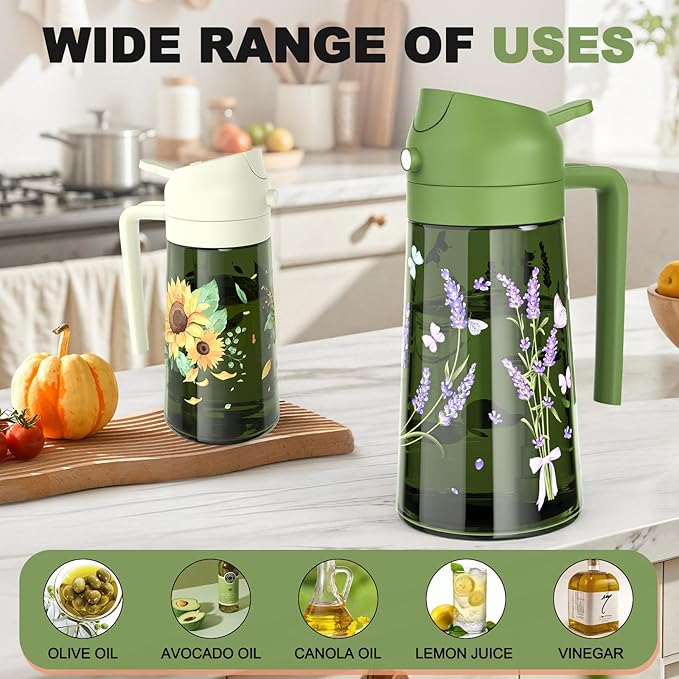 COOLMI Oil Sprayer for Cooking, 2 in 1 Olive Oil Dispenser Bottle Set for Kitchen, Food-Grade Glass Green Oil Vinegar Bottle Container - 16OZ/470ML Set of 2 (Beige + Green)