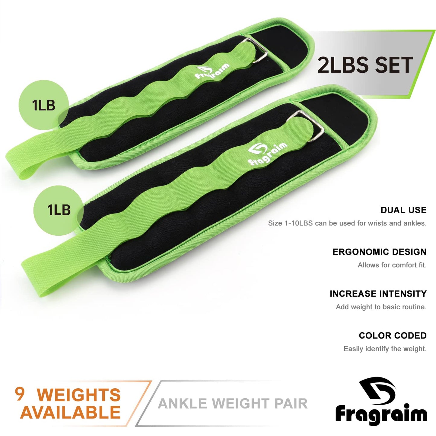 Ankle Weights for Women, Men and Kids - 1 LB x 2 Strength Training Wrist/Leg/Arm Weight with Adjustable Strap for Jogging, Gymnastics, Aerobics, Physical Therapy (Green)