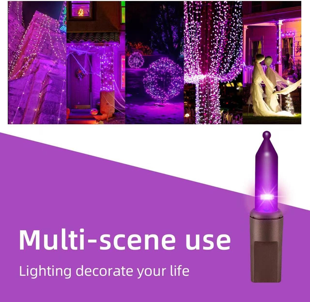 XMASHOME Halloween String Lights, 100 Count, Brown Wire, Purple, Incandescent, Model HP-100-2/SB
