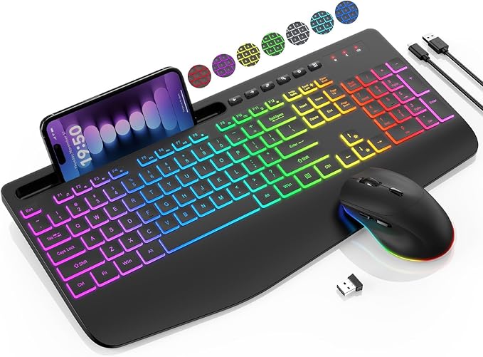 Wireless Keyboard and Mouse Combo - 9 Backlit Effects, RGB, Ergonomic Wrist Rest, Phone Holder, 2.4G Full Size, Rechargeab...