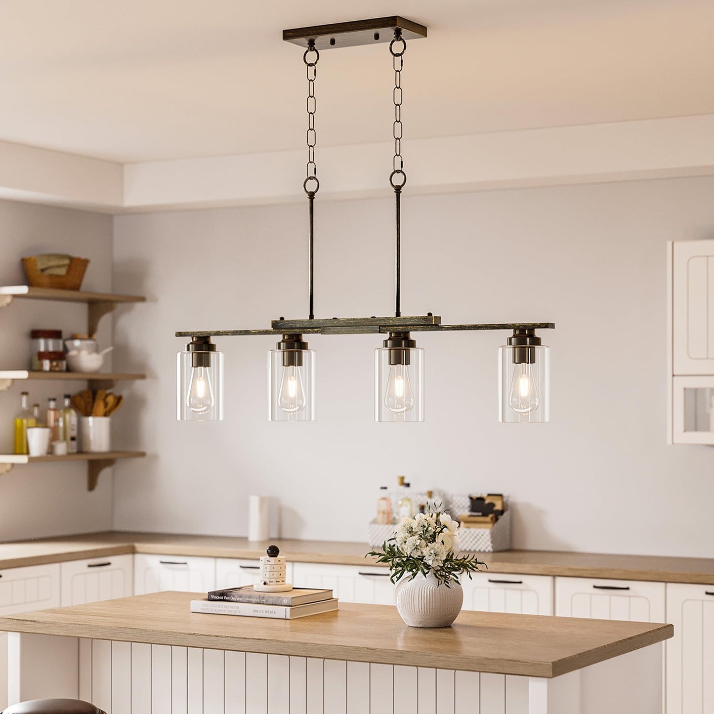 Vonluce Kitchen Island Lighting  4-Light Dining Room Light Fixture Over Table With Glass Shade And Adjustable Rods  Farmhouse Linear Chandelier For Kitchen Living Room  Antique Black  Etl Certificated