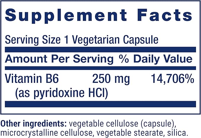 Life Extension Vitamin B6, 250 mg, high Potency, Cardiovascular Health, neurological Health, Eye Health, Healthy Kidney Function, Gluten-Free, Non-GMO, Vegetarian, 100 Capsules