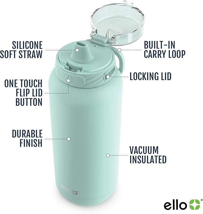 Ello Cooper 40oz Stainless Steel Water Bottle with Straw and Carry Handle, Double Walled and Vacuum Insulated Metal, Leak Proof Locking Lid with Soft Silicone Spout, Reusable, BPA Free, Yucca