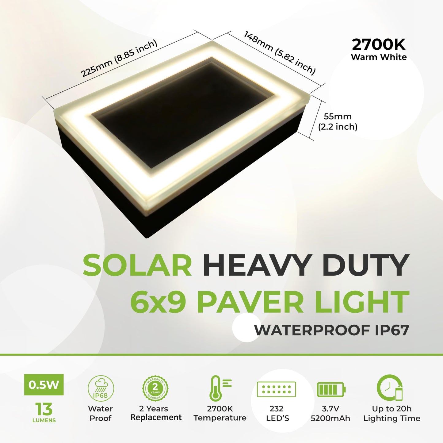 Lumengy Solar Paver Light 6?9 Inch  2700K  Up To 20 Hours Continuous Lighting  Stainless Steel  Thick Glass  Glare-Free Illumination For Driveways  Pathways & Garden  Waterproof & Drive-Over Rated