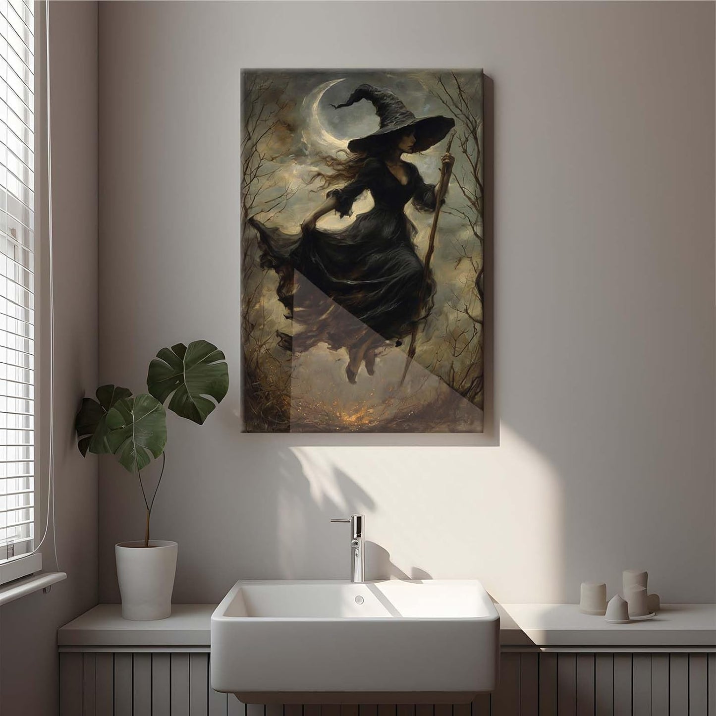 Witch in the Forest Halloween Print Wall Art Poster Witch Decor Vintage Print Dark College Wall Art Victorian Gothic Room Decor Canvas Wall Print12x16in Wood Framed