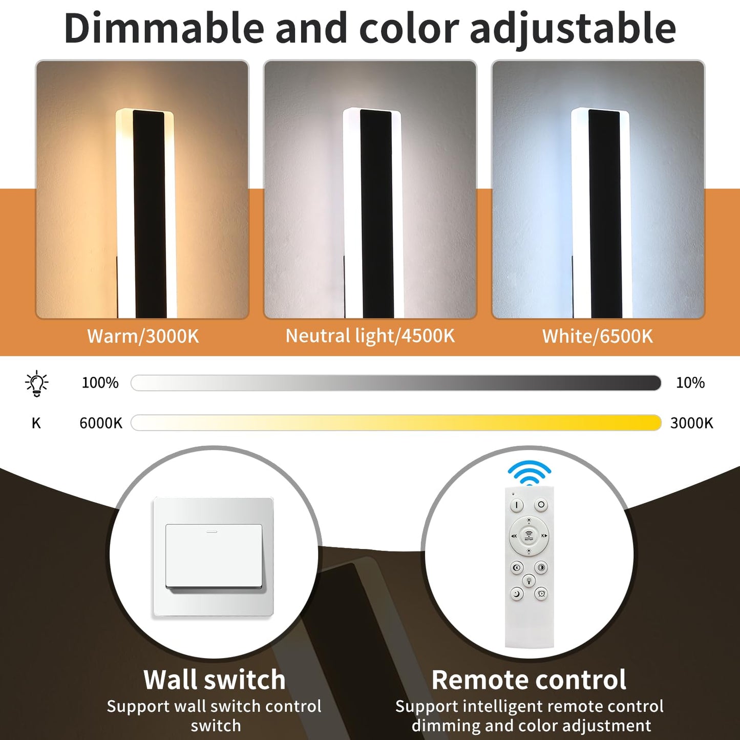 Daoseolo Outdoor Wall Light Fixture, Dimmable 3000K-6000K, 31.4inch, IP65 Waterproof, Model TC-FTBD-1112, Black Linear