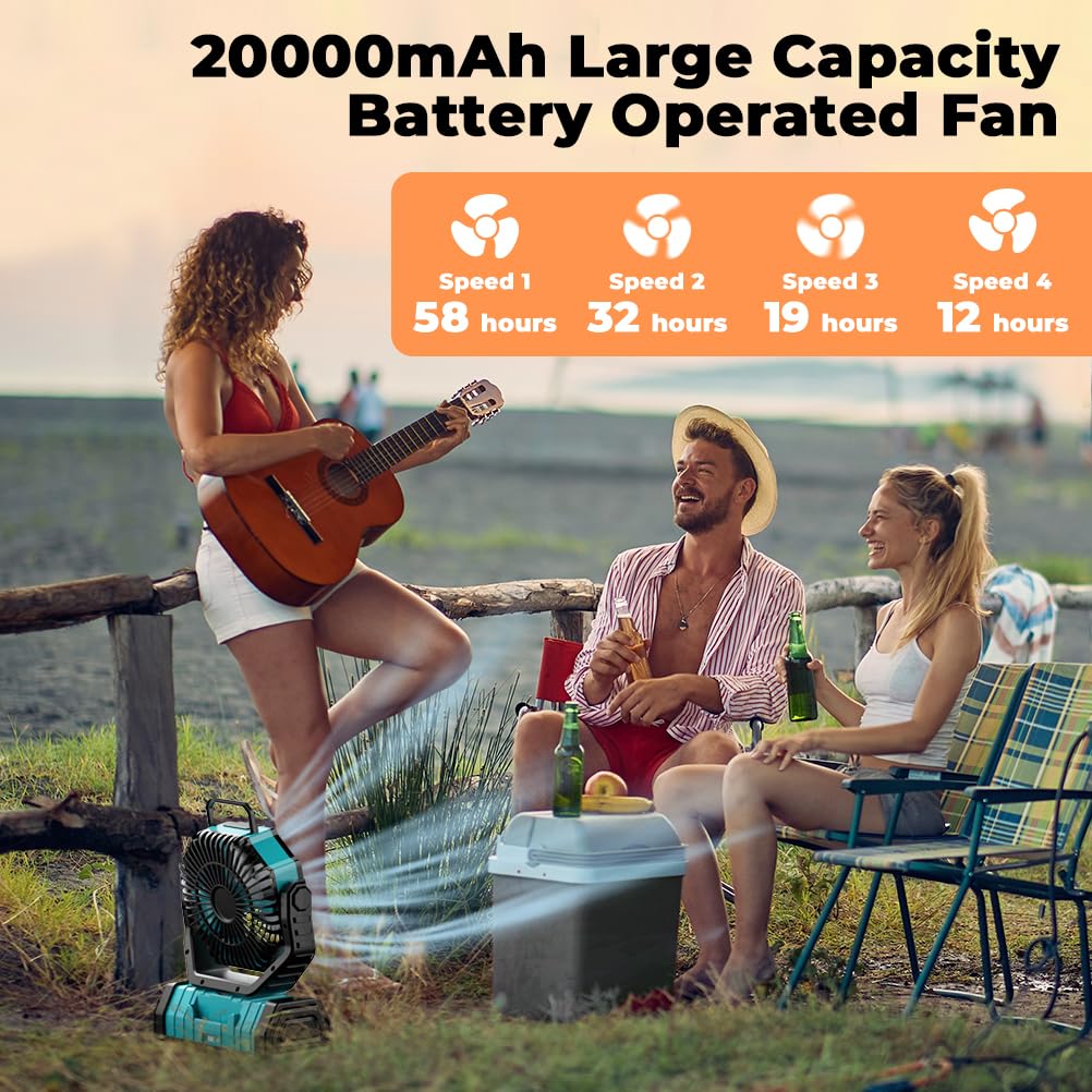 Vosfeel Camping Fan - 20000Mah Battery Powered Fan Rechargeable With Led Lantern - Portable Outdoor Tent Fans With Hanging Hook