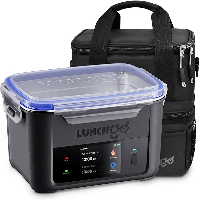 LUNCHGO® G1 Smart Electric Heated Lunch Box – Cordless, 5 Cups Capacity, 74 Wh Battery Powered, 250°F Max, Scheduled Heating, Perfect for Outdoor Work, On-The-Go Meals, 1-Year Warranty (Carbon Black)