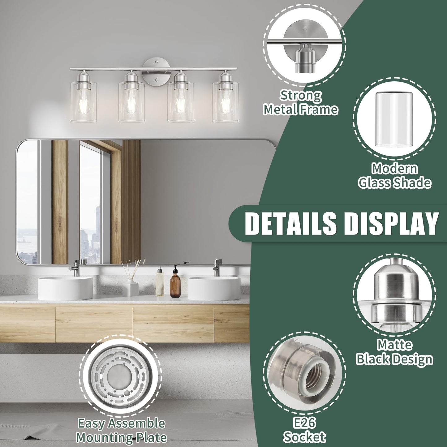 Espird Bathroom Vanity Light Fixtures, 4 Lights, Brushed Nickel, Metal, Model EP-4-Light-Nickel, Rustic Farmhouse Design
