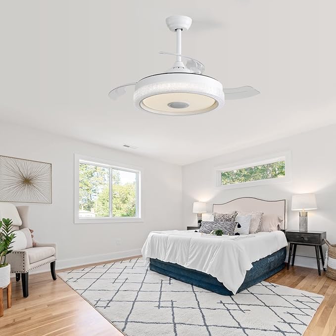 NicBex Ceiling Fan 42 Inch Ceiling Fans with Lights Ceiling Fan with 5 Retractable Blades and Remote Control Flush Mount Ceiling Fans for Bedroom, Living Room, White