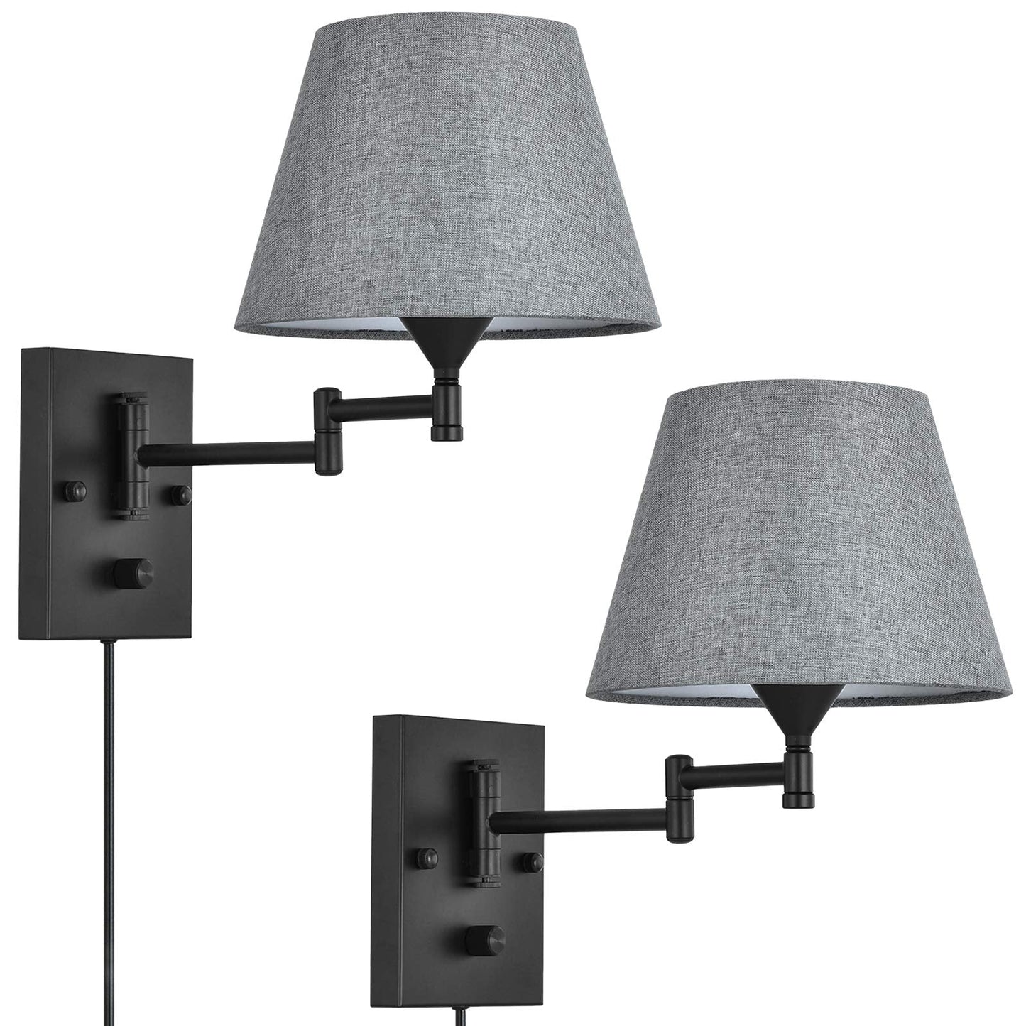 Pauwer Plug In Wall Sconce Set Of 2, Swing Arm Lamp, Gray Fabric Shade, Metal, Ideal For Bedroom, Hallway, Living Room