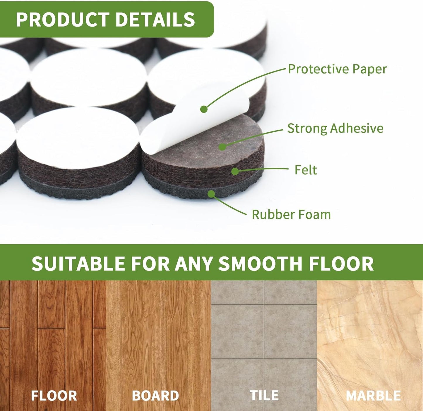 Non Slip Furniture Pads 48 PCS - 32 pcs 1” Round + 16 pcs 2" Square - Anti Slip Furniture Pads - Self Adhesive Rubber Feet Furniture Feet - Chair Leg Floor Protectors