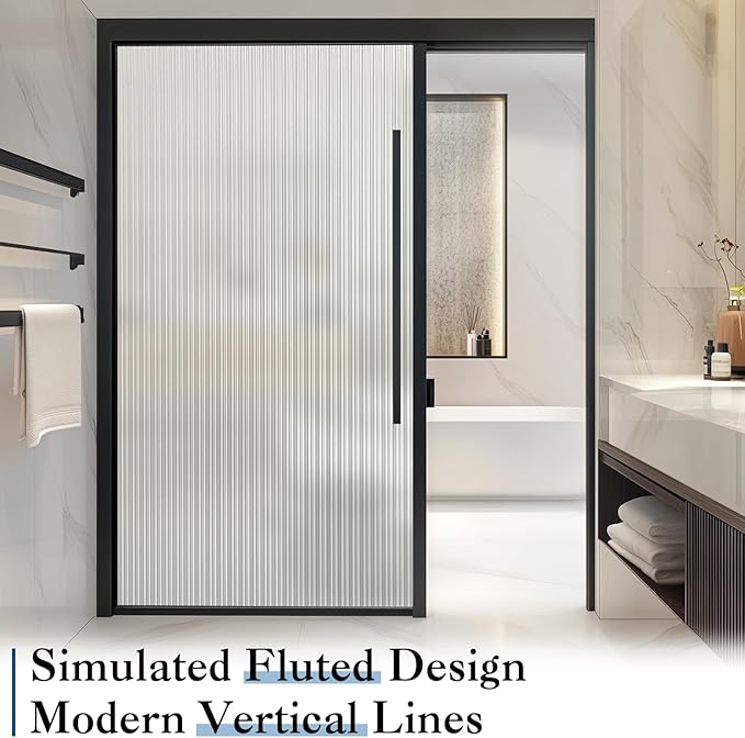 Haton Reeded Glass Window Privacy Film, Frosted Glass Window Film, Static Cling UV Blocking Stickers, Decorative Removable Cover for Bathroom Door Office, Non Adhesive 17.5" x 157.4"