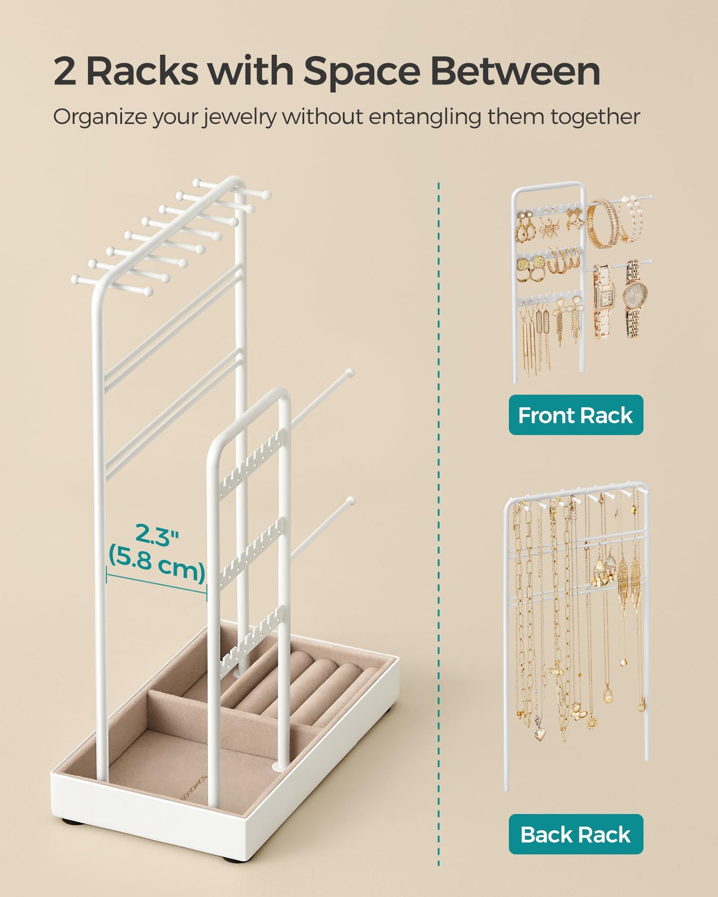 SONGMICS Jewelry Holder, Jewelry Organizer, Jewelry Display Stand with Metal Frame, Velvet Tray, Necklace Earring Bracelet Holde