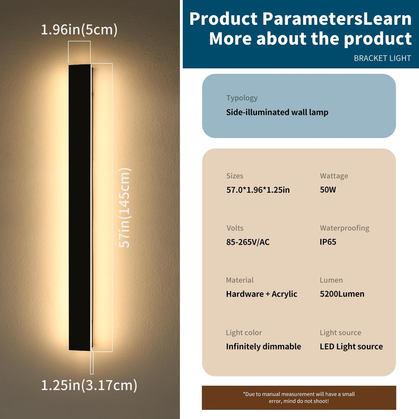 Daoseolo 2 Pack Outdoor Wall Lighting Fixtures, Dimmable LED Sconce, 57.2inch, IP65 Waterproof, Acrylic, Remote Control
