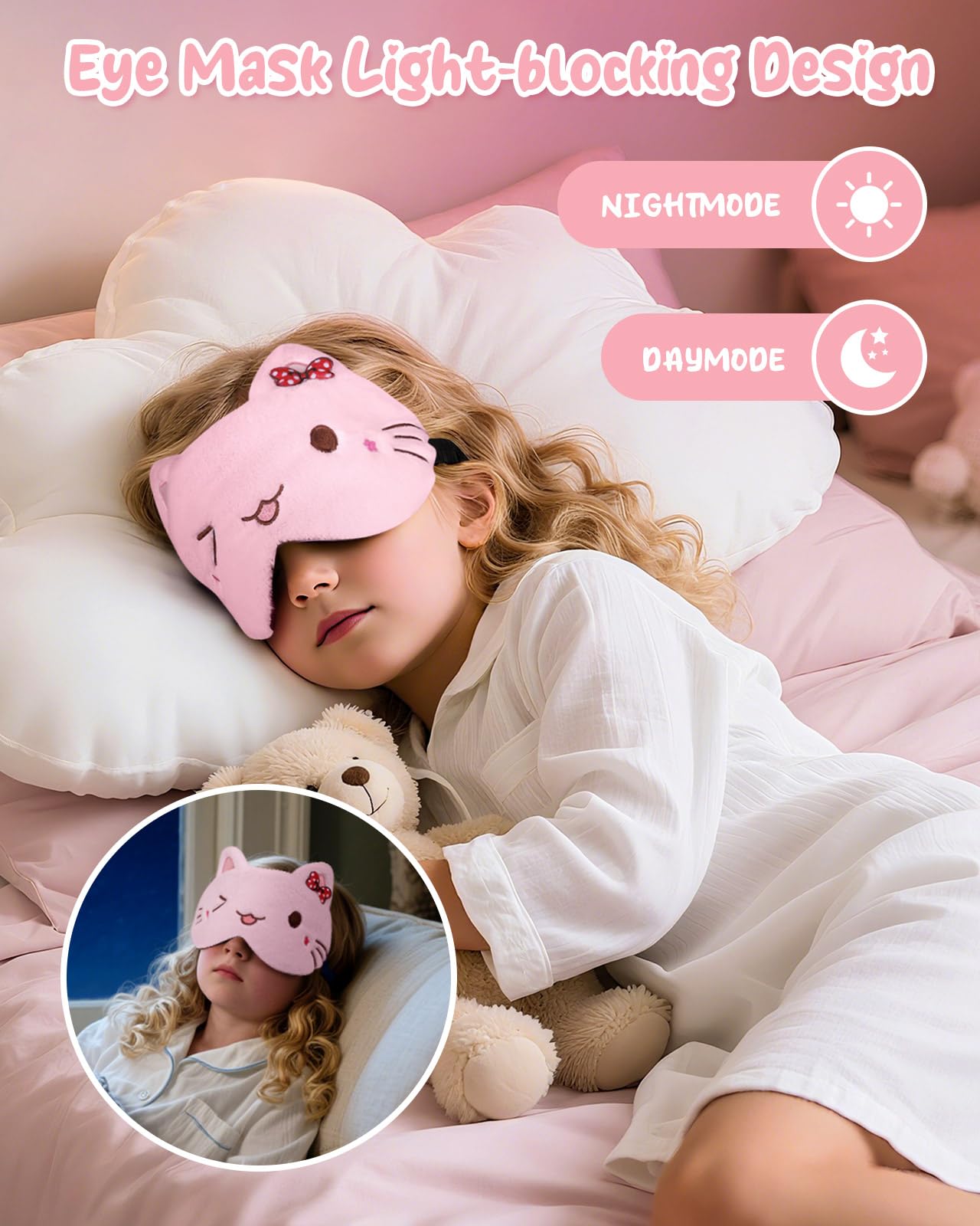 Miss Adola Sleep Mask for Kids - Cute Cartoon Plush Fuffy Sleeping Eye Cover Cat Kawaii Soft Eyeshade with Adjustable Strap Animal Eye Blindfold for Kids Girls Boys Teens