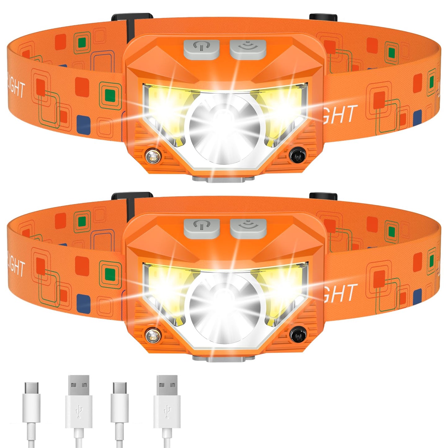 LHKNL Headlamp Flashlight, 1200 Lumen LED, 2-Pack, Waterproof, Motion Sensor, Orange, Model TG-T069