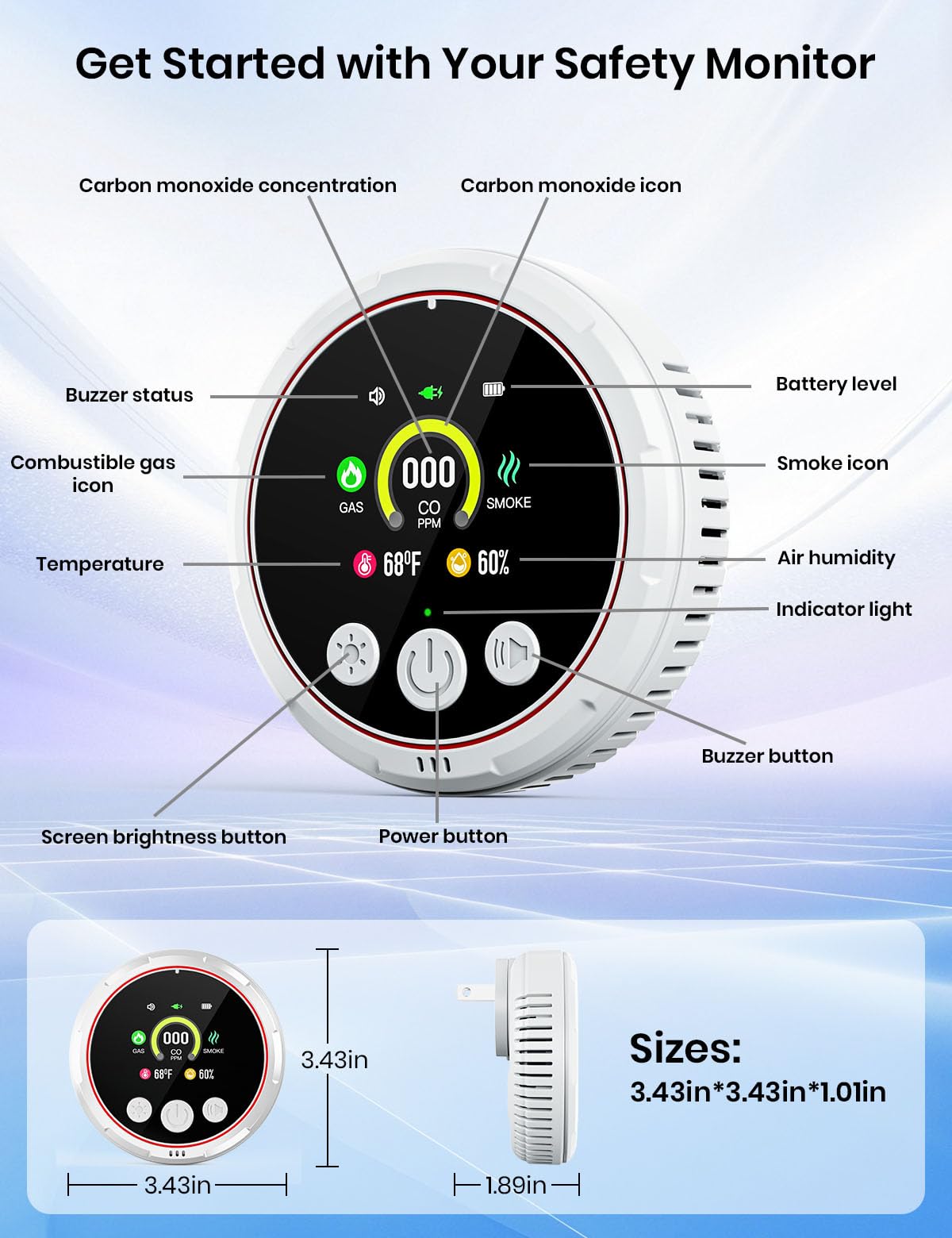 Carbon Monoxide Detectors, 5-in-1 Smoke Detector, Travel Carbon Monoxide Detector, Natural Gas Detector Combustible Gas Detector, and Temp/Humidity Detectors, Real Time Display