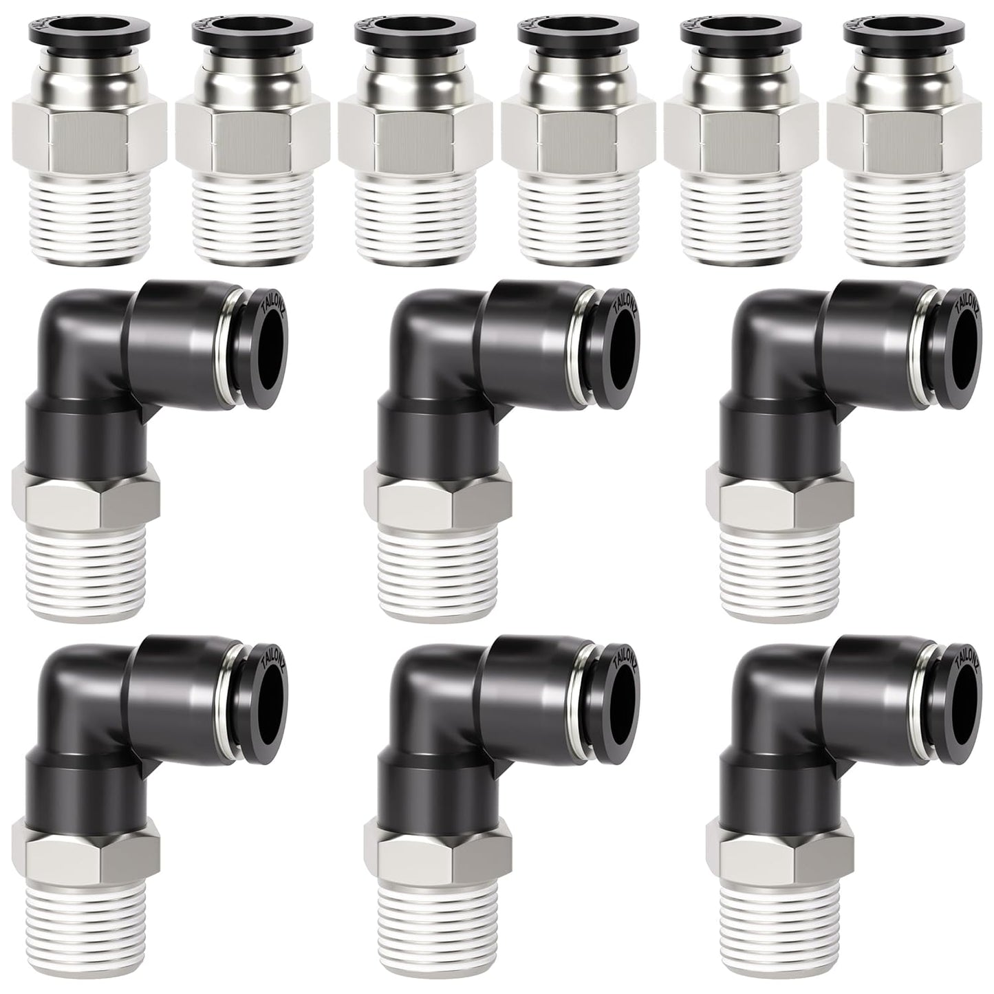 TAILONZ PNEUMATIC Elbow and Straight Combination 3/8 Inch Tube OD x 1/4 Inch NPT Thread Push to Connect Fittings PC-3/8-N2+PL-3/8-N2(Pack of 12)