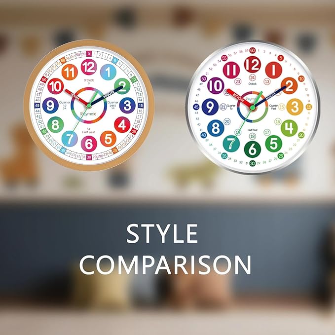Wall Clock for Kids Learning - Teaching Time Wall Clocks Battery Operated Silent Non Ticking - Analog Colorful Clock Decorative for Kids Room Classroom School(8 Inch&Silver)