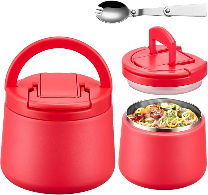 Kids Thermo for Hot Food, 14oz Insulated Soup Jar, Stainless Steel Lunch Box with Leakproof Lid & Spoon, Vacuum Insulated Bento Container (Red)