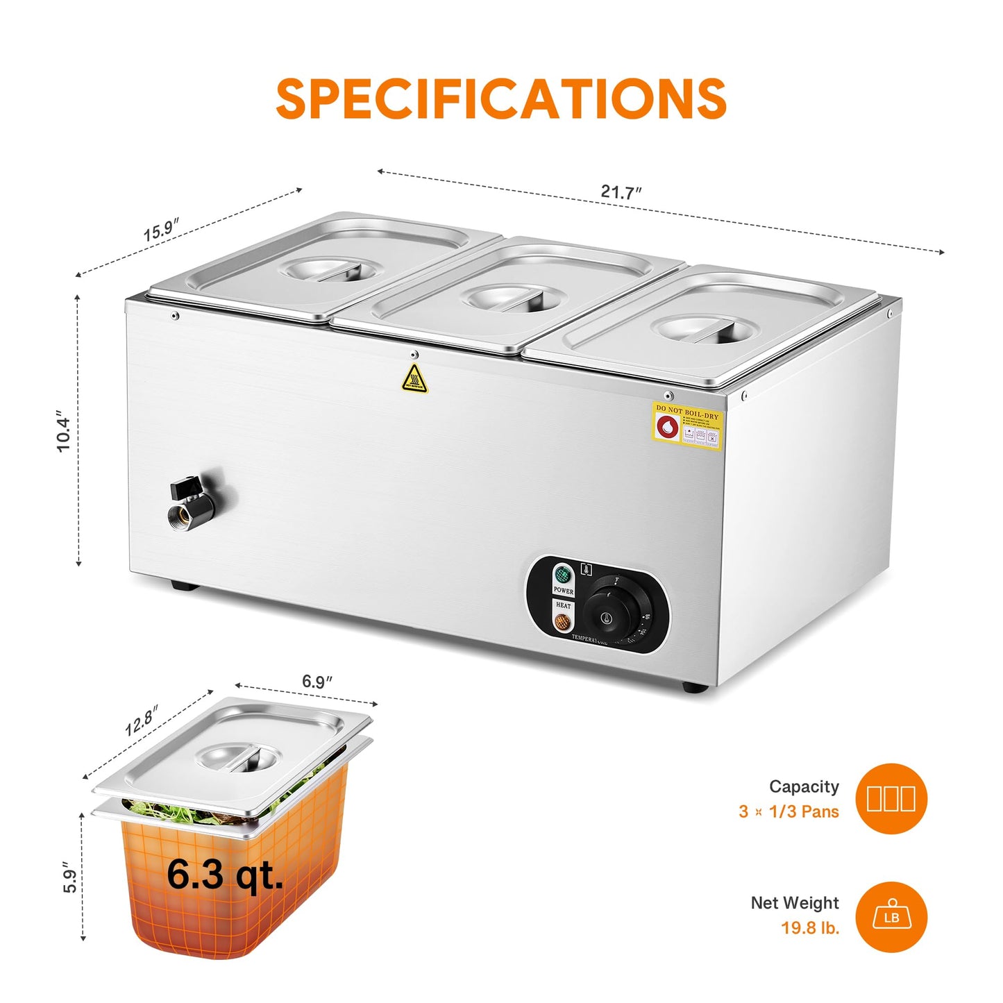 WILPREP Commercial Food Warmer with Three 1/3 Pans, 1500W Countertop Electric Warmer, 86-185°F Adjustable Temp Control & Over-Temp Protection, Stainless Steel Buffet Bain Marie