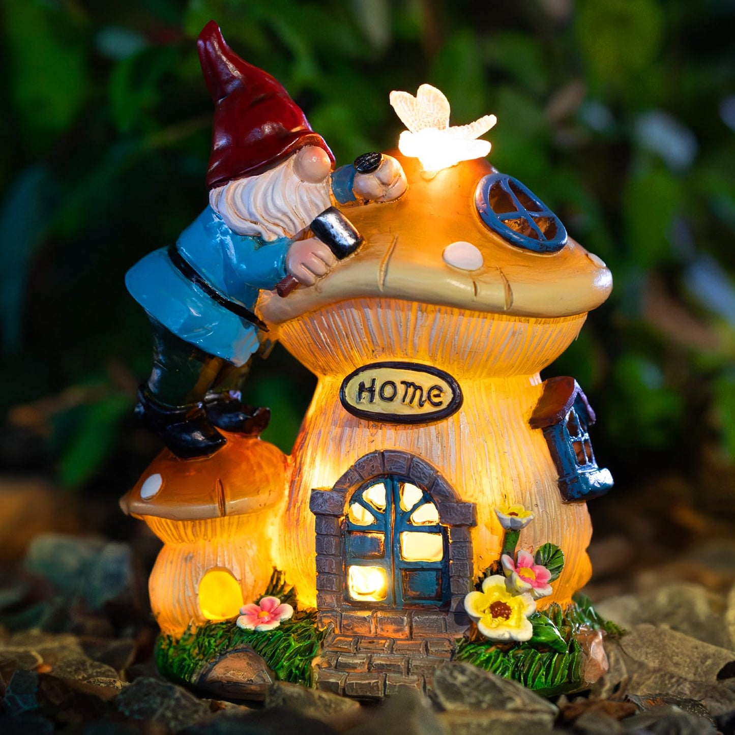 Garden Gnome Statues Figurine Lights - Solar Powered Lighting Outdoor Decorations, Gnome Build Mushroom Fairy House, Yard Art La