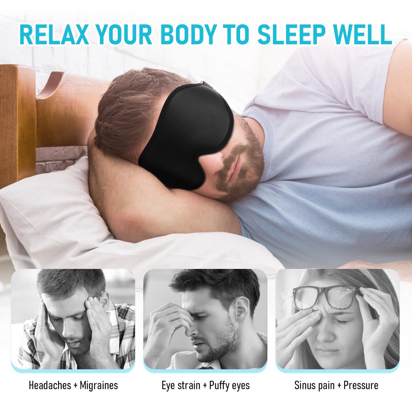 FlyCoco Blackout Eye Mask for Sleeping, 3D Contoured Cup No Pressure Sleep Mask with Adjustable Strap, Ultra-Thin Sides Breathable Lightweight Soft Eye Cover for Men Women Home Travel Airplane Party
