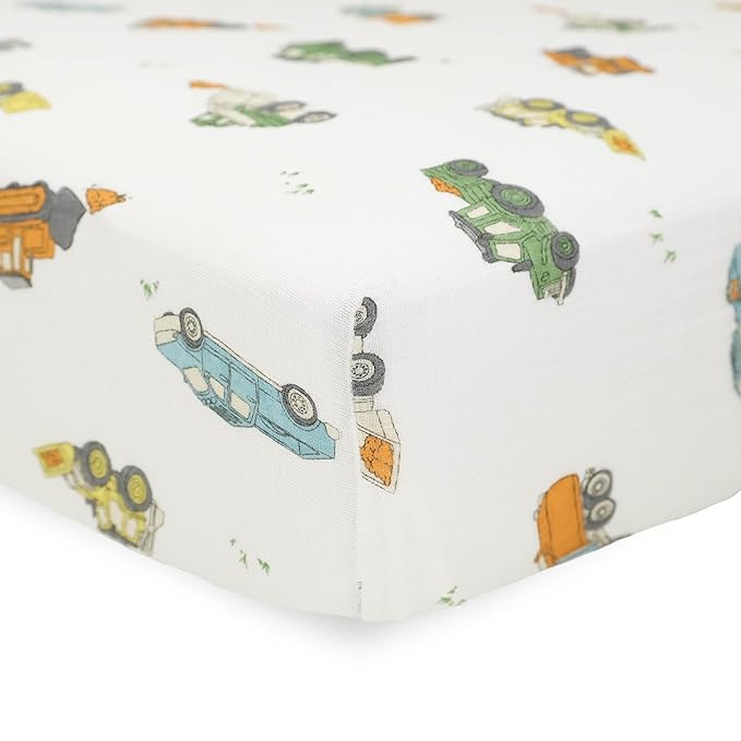 Little Unicorn Premium Crib Sheet | Breathable & Super-Soft Muslin Fabric (Work Trucks)
