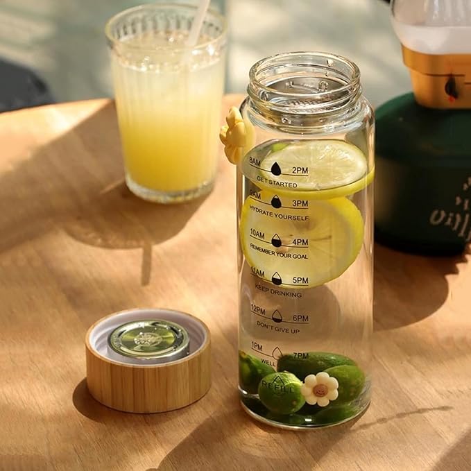25oz Glass Water Bottle with Time Marker, Leak-Proof,With stainless steel tea strainer, BPA-Free Reusable Hot and Cold Beverages for Office, Gym, Travel（2PCS）