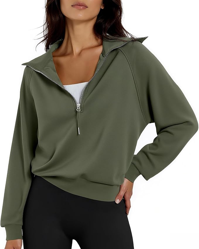 Women's Cropped Half Zip Pullover Quarter Zipper Long Sleeve Sweatshirt for Casual Wear