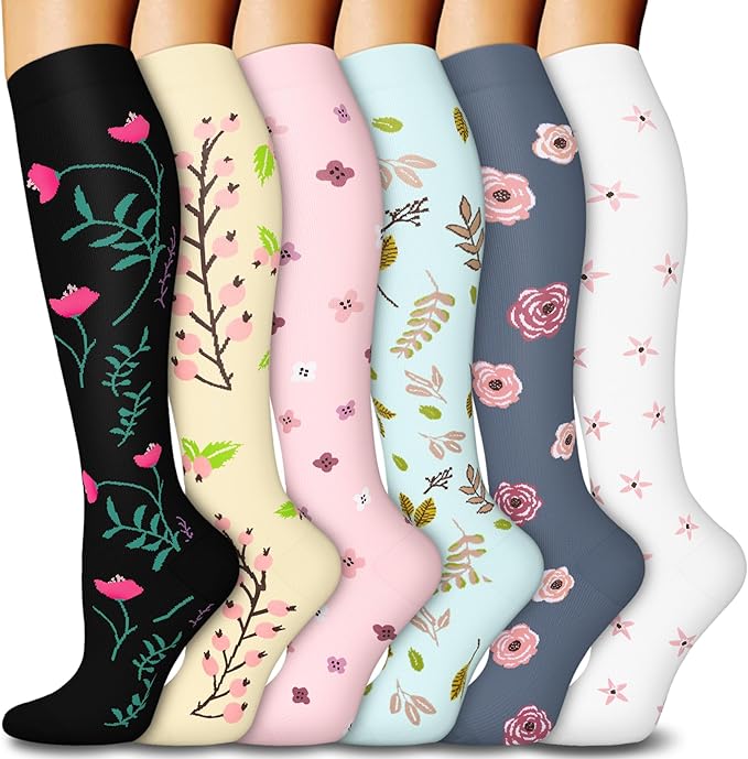 6 Pairs Compression Socks for Women & Men 15-20mmHg Graduated Support Knee High Socks for Nurses, Travel, Athletic