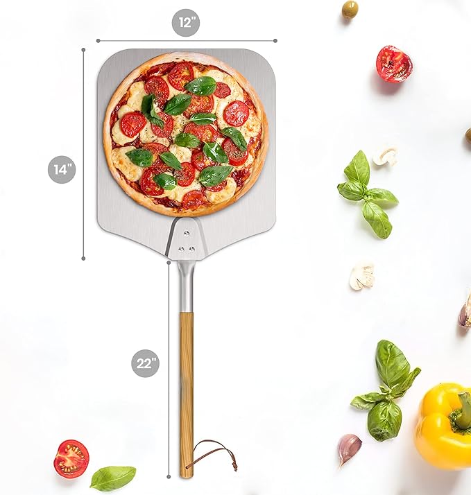 onlyfire Long Metal Pizza Peel with Wooden Handle for Indoor & Outdoor Grill Oven, 12 x 14 inch Pizza Baking Spatula Paddle for Baking Bread Pies, 36 Inch Long