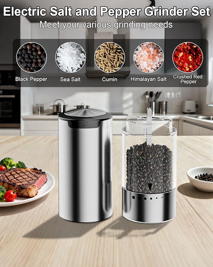 Electric Salt and Pepper Grinder Set | 6-Grind Settings & Top Anti-Misoperation Design | Electric Salt and Pepper Shakers with Detachable Base & Visual Container | for Kitchen, BBQ etc
