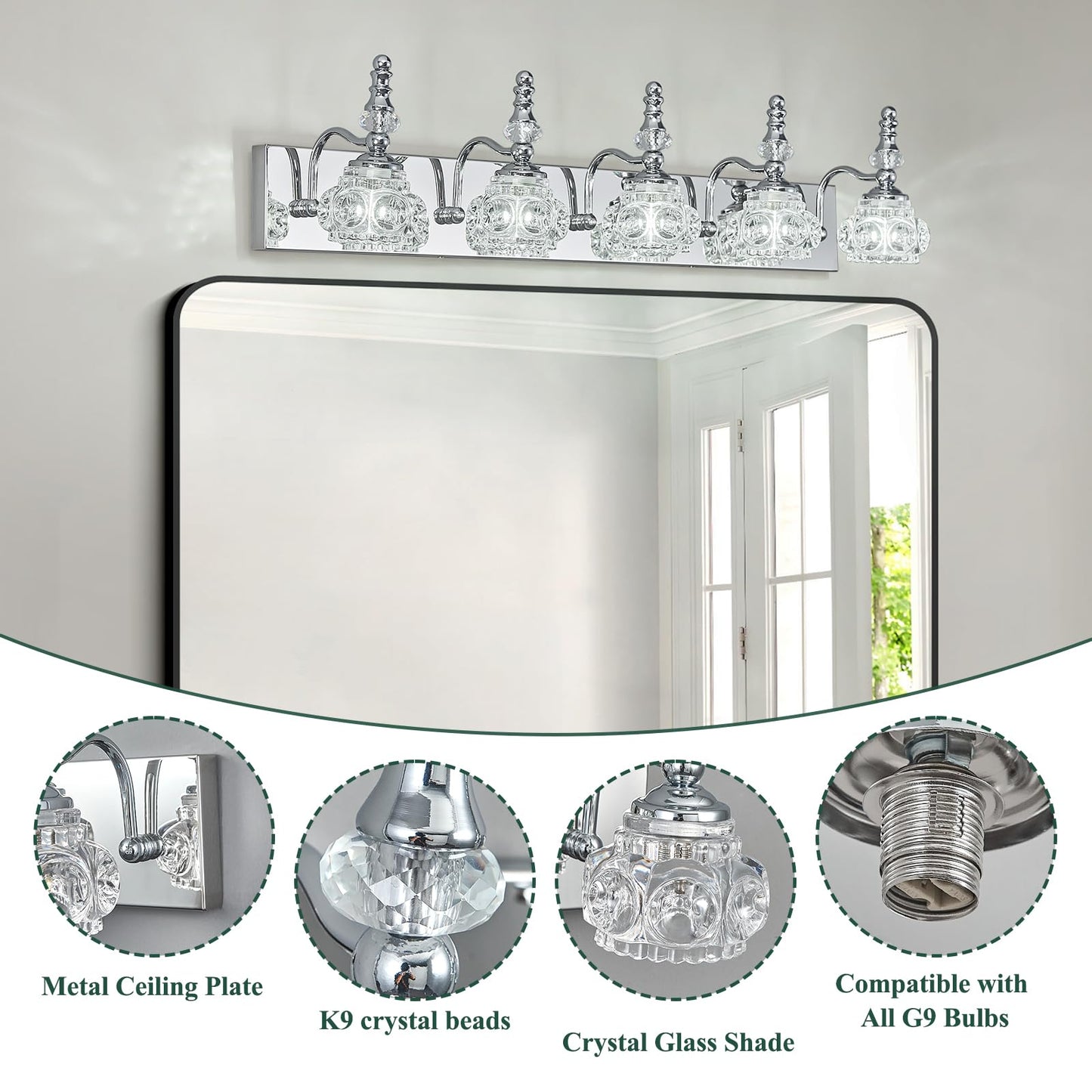 Lbsqj Modern Glass Crystal Vanity Light - Vintage Bathroom Lighting Fixtures Over Mirror  5 Light Vanity Lights  G9 Bulb (35.43 Inch  Chrome)