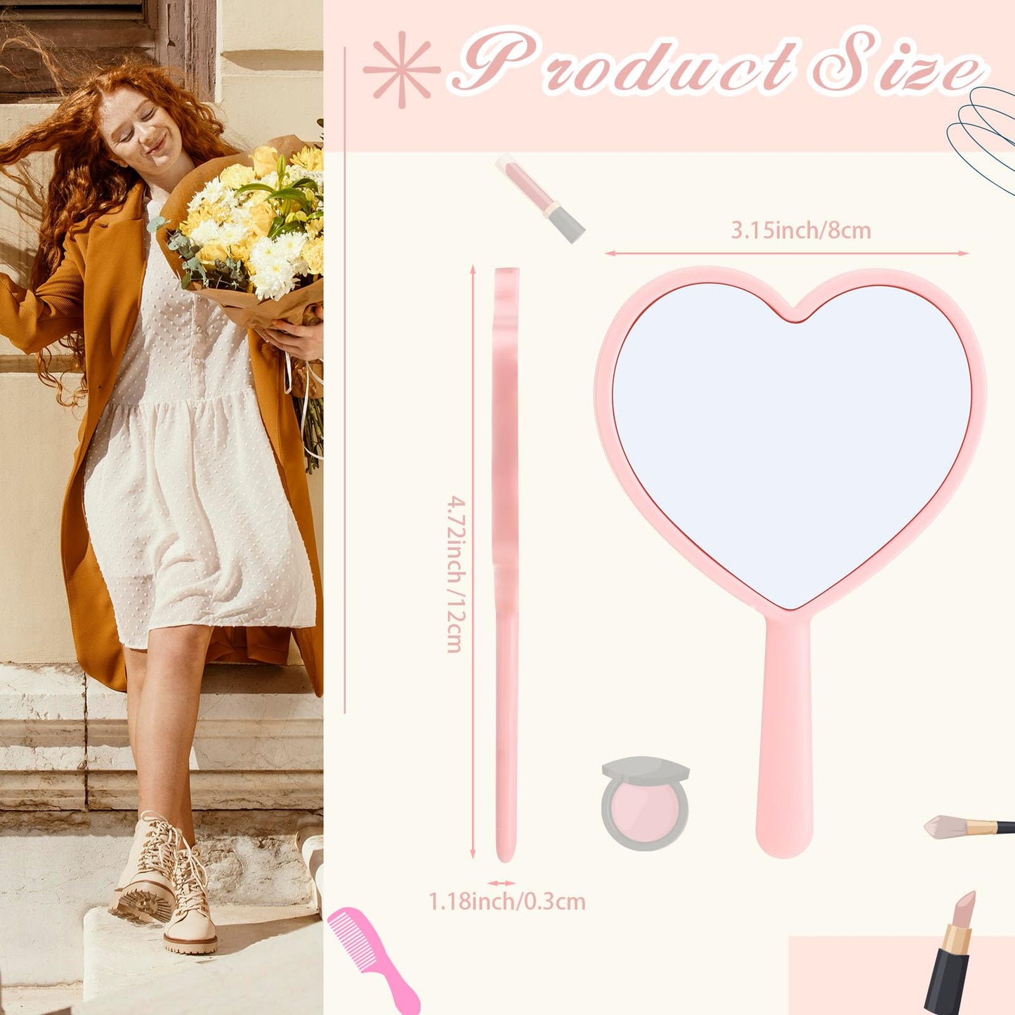 Threehoney 50 Pcs Heart Shaped Handheld Mirror with Handle Bulk Small Portable Travel Makeup Hand Held Mirror 3.15 x 4.72 Inch M