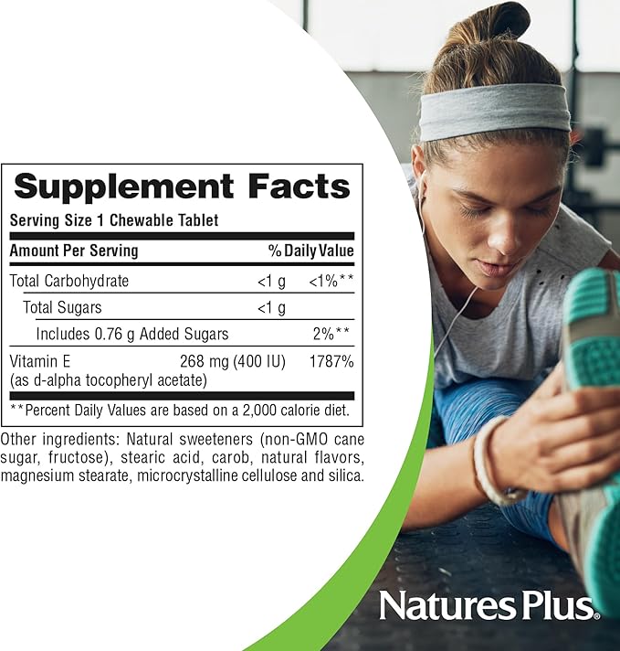 Natures Plus Vitamin E, Natural Carob Flavor - 90 Chewable Tablets, Pack of 2 - Free-Radical Defense & Overall Well-Being - Vegetarian, Gluten Free - 180 Total Servings