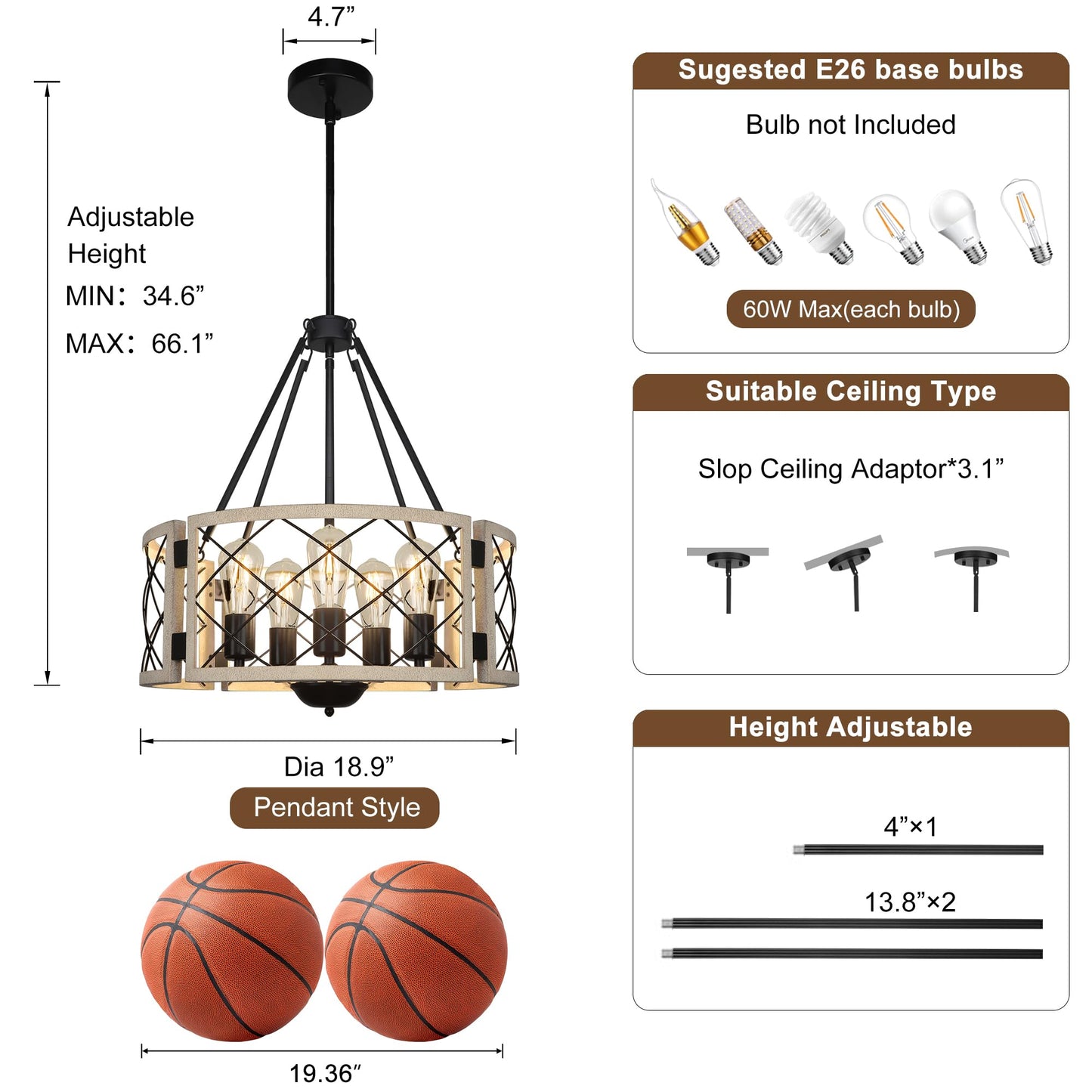 Sigaitwei 18.9 Farmhouse Drum Chandelier  5-Light Adjustable Dining Room Light Fixture Kitchen Island Lighting  Rustic Hanging Lights For Entryway Dining Room Kitchen Table Foyer Living Room.