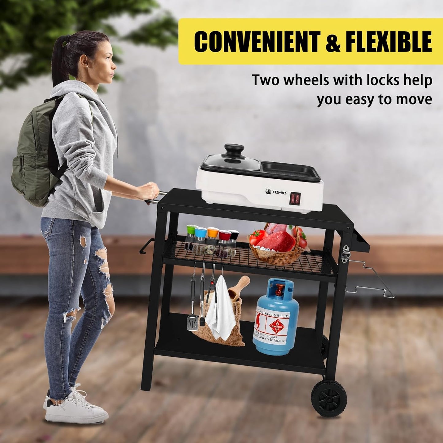 Outvita Outdoor Grill Cart, Movable Food Prep and Work Cart Table, Pizza Oven Stand Table with Wheels, Indoor & Outdoor Multifunctiona BBQ Cart with Mesh Racks for Home Party Camping