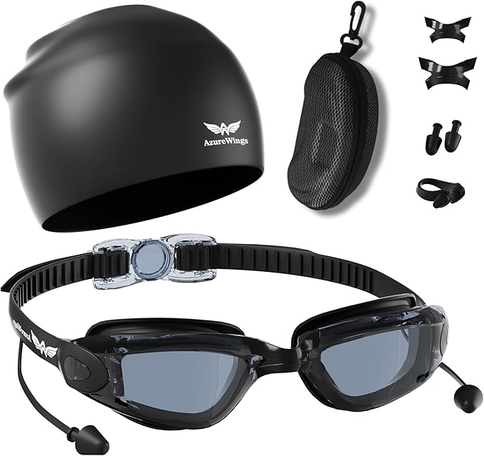 AzureWings 7 in 1 Swim Goggles + Swim Cap for Men Women,No Leak Anti-Fog & UV, Wide Visio HD Mirror PC Lens