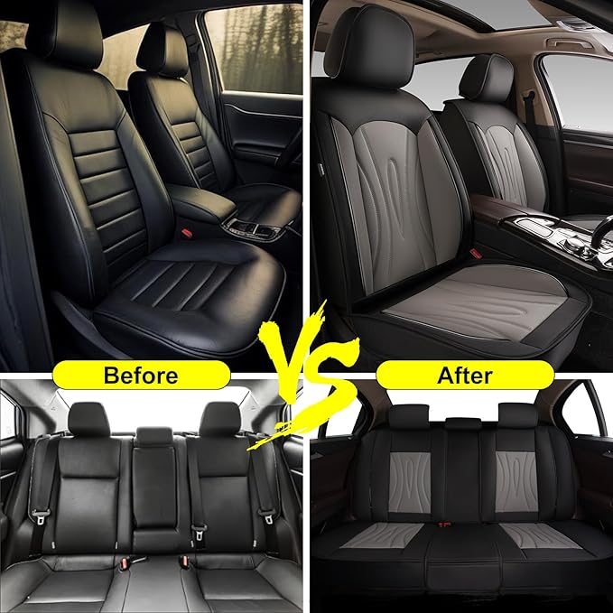 Car Seat Covers Full Set Fit for Nissan Versa 2009-2025,Waterproof Laux Leather Seat Protectors for 5-Seat Vehicles(Black&Grey)