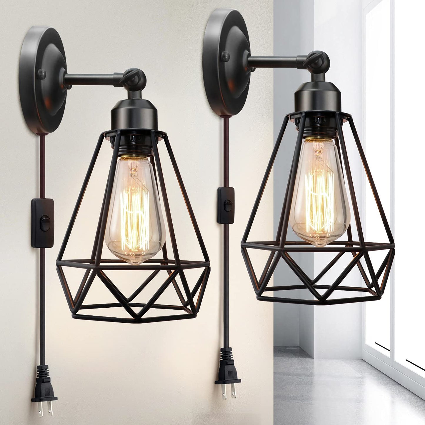 WimiSom Plug-in Wall Sconce, Industrial Metal Lamp, On/Off Switch, Black, 2-Pack