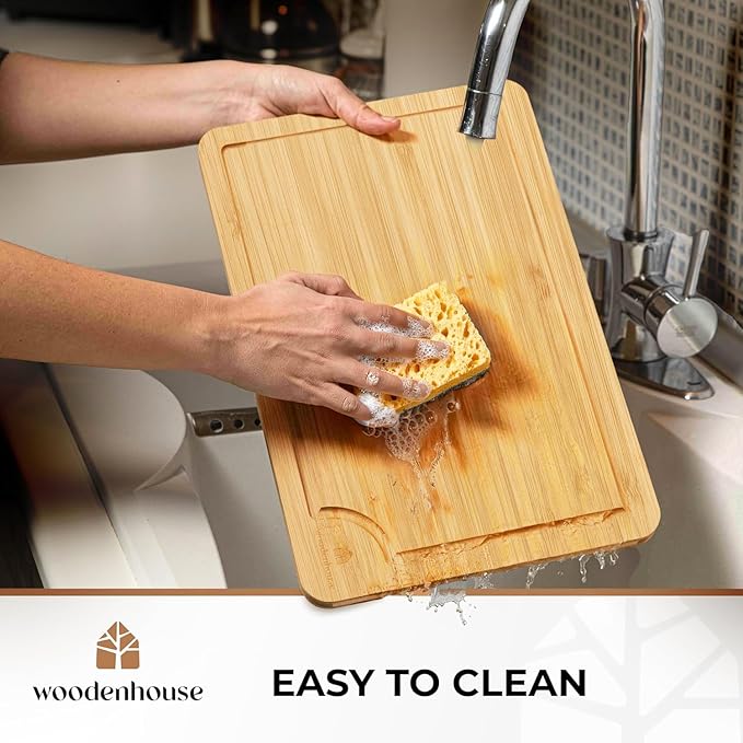 Bamboo Cutting Board Set of 3 - Thick & Durable Wood Cutting Boards with Deep Juice Grooves & Build-in Handles, Large Surface, Easy to Clean – for Meat, Vegetables and Fruits