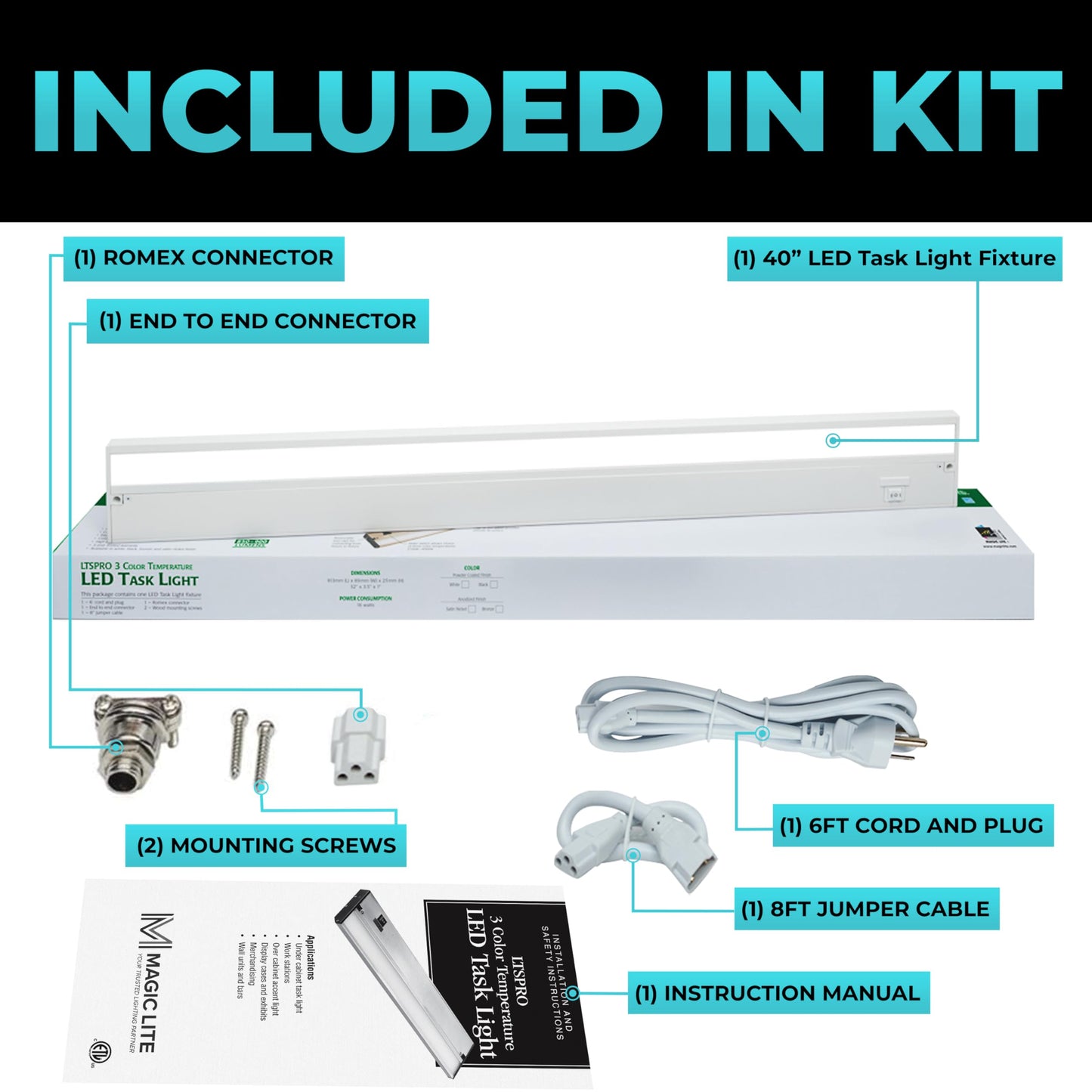 Led Under Cabinet Lighting Hardwired - Linkable Undercabinet Lights For Kitchen - 3Cct 40 Inch White Finish - Undercounter Dimmable Plug In Light Or Hard Wired - Under Counter Fixture Direct Wire