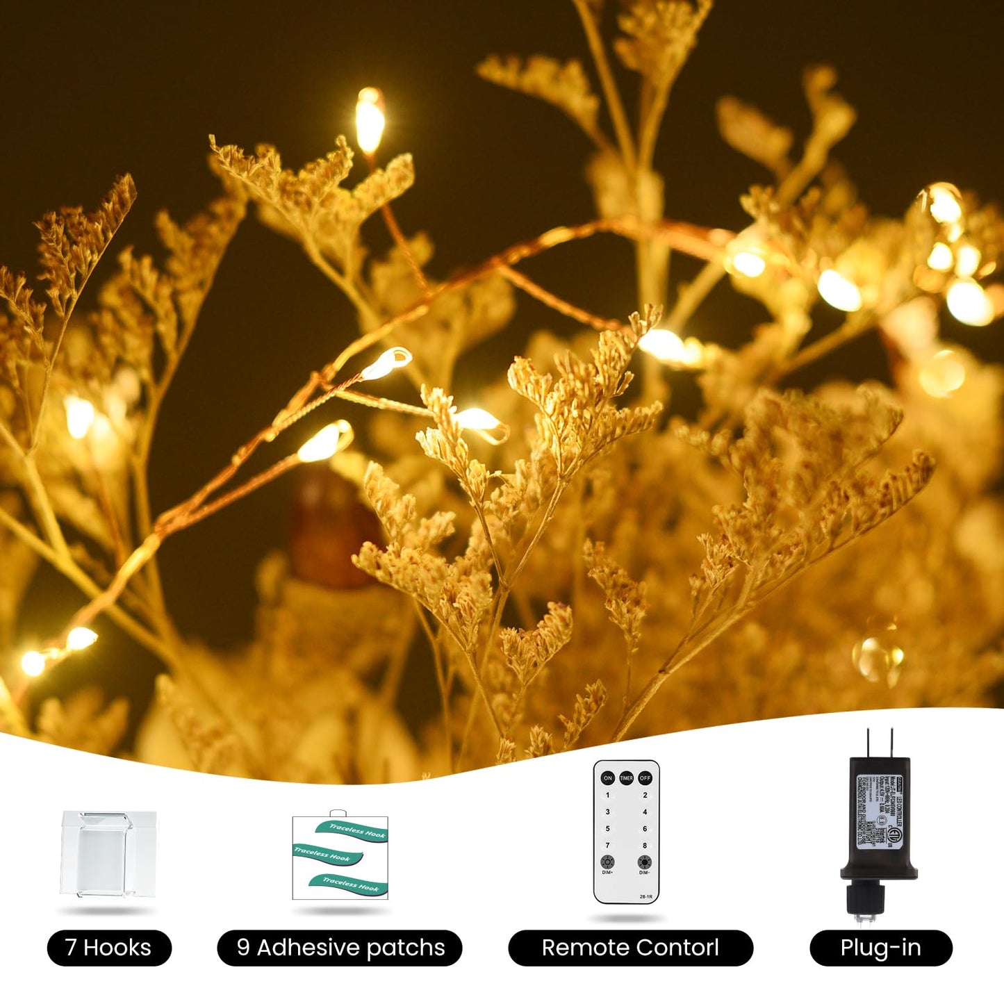Dailyart 300 LED Fairy Lights, Warm White, 10ft, Waterproof, Remote Control, Gold Copper Wire, Model 300LED-JS